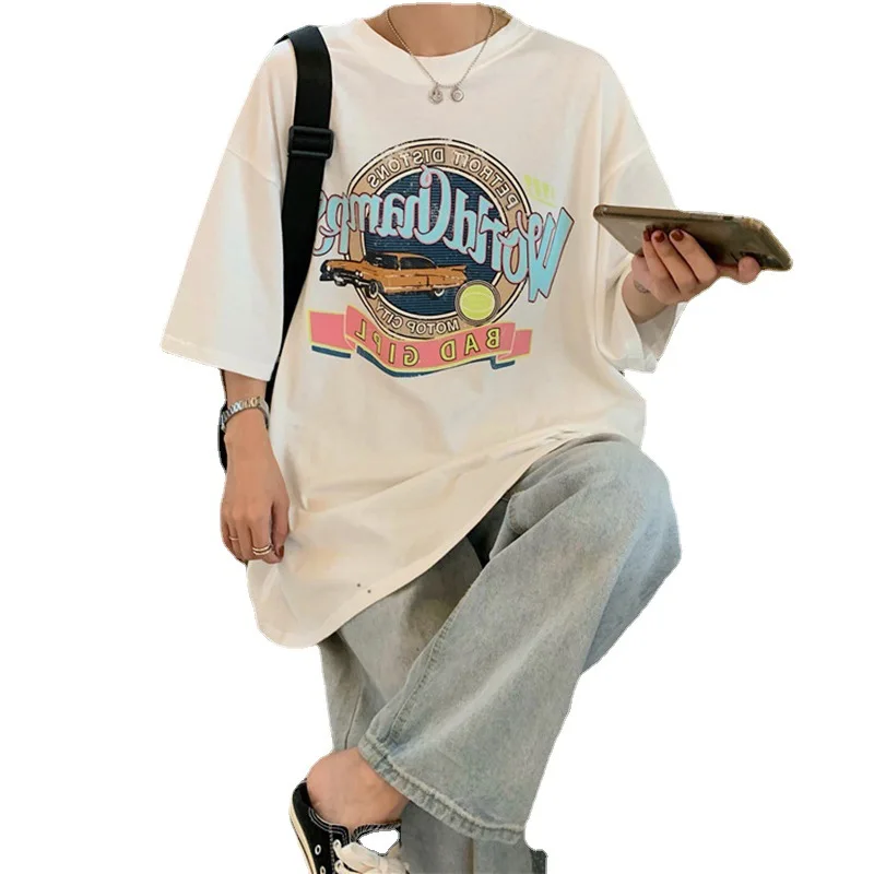 

The new 2021 summer wear long in European and American fashion high quality round collar short sleeve t-shirts printed cotton