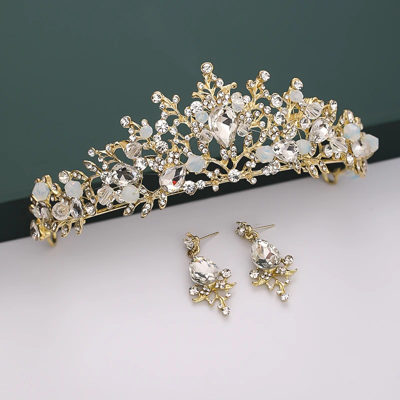 Корона принцессы невесты золотые украшения для волос Розовый кристалл свадебный