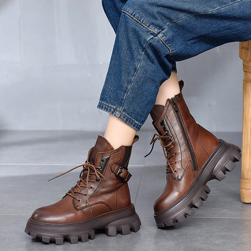 

Women's Leather Ankle Boots 2021 Autumn And Winter New First Layer Cowhide Thick-soled Martin Boots Plus Velvet Cotton Boots