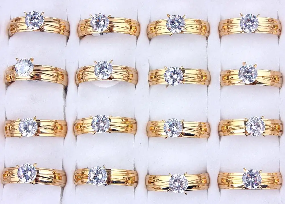 Оптовая продажа оптом 30 шт. золота CZ инкрустация камень кольцо из нержавеющей