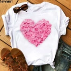 Женская футболка с цветочным принтом и розовым сердцем, повседневные белые топы, летние женские футболки с коротким рукавом, женские футболки с милым принтом
