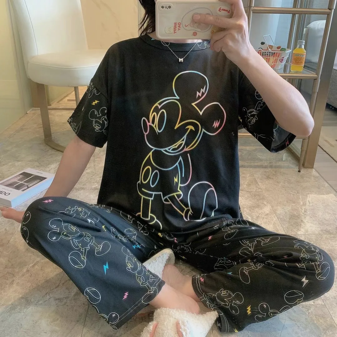 

Cute Cartoon Print Disney Pajama Set Loose Cozy Short Sleeve Sleepwear Simba Mickey Mouse Graphic Ensemble Femme 2 Pices Kawaii