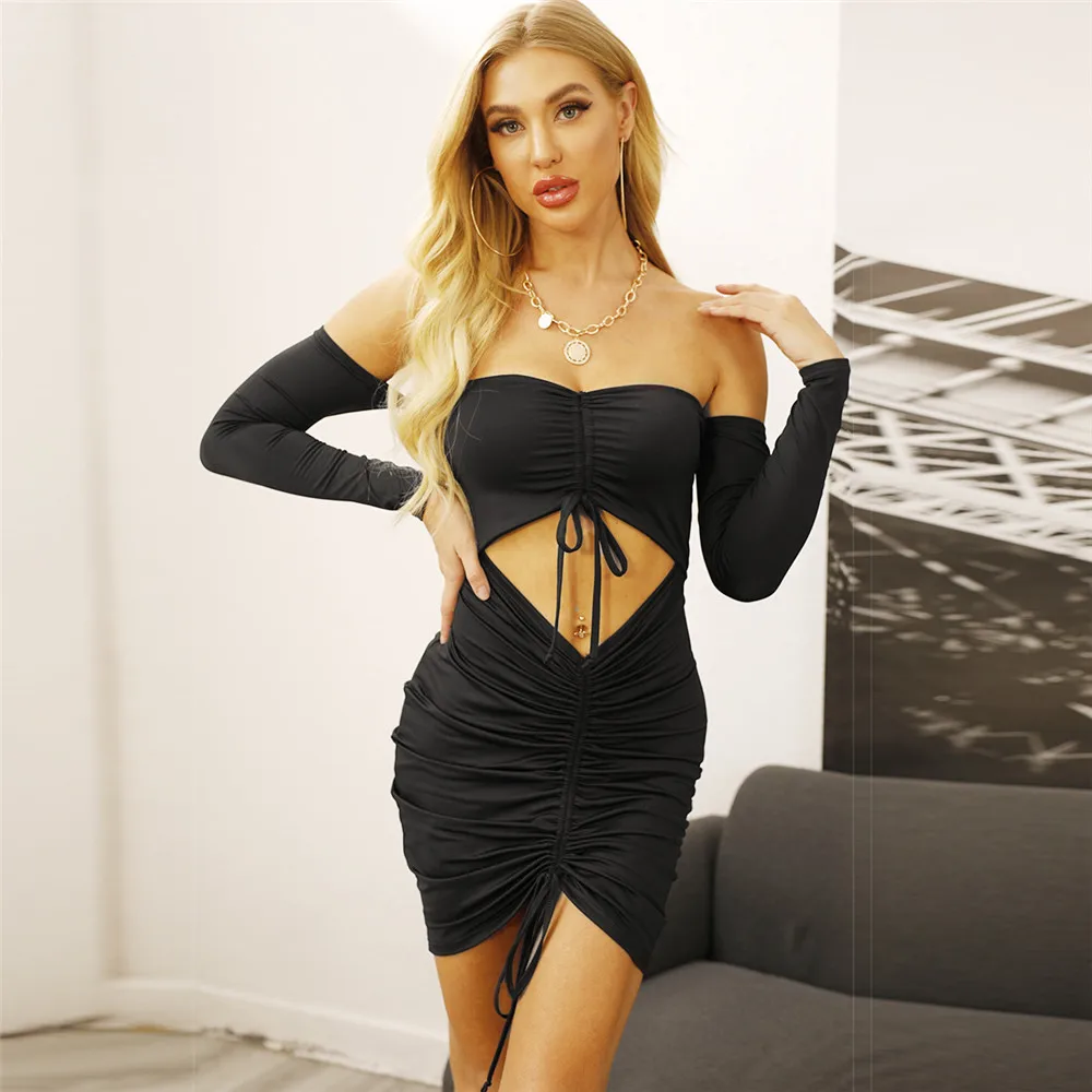 

High Quality 2021 Summer New Style Bag Hip Sexy Wrapped Chest Word Neck Drawstring Pleated Long-Sleeved Dress Stitching