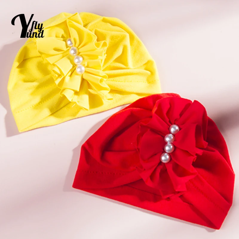 Yundfly Fashion Pearls Flowers Infant Indian Hat Solid Color Handmade Folded Floral Baby Caps Soft Knitting Cotton Kids Headwear