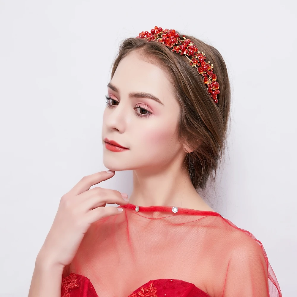 Красная тиара из горного хрусталя корона имитация жемчуга повязка на голову