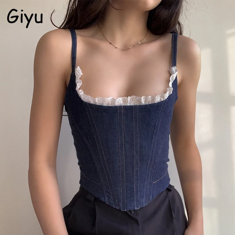 

Giyu Fashion Ruffles Denim Corset Top Women Summer Sexy Slim Square Neck Crop Top Club Party Tops Vintage Clothes Streetwear