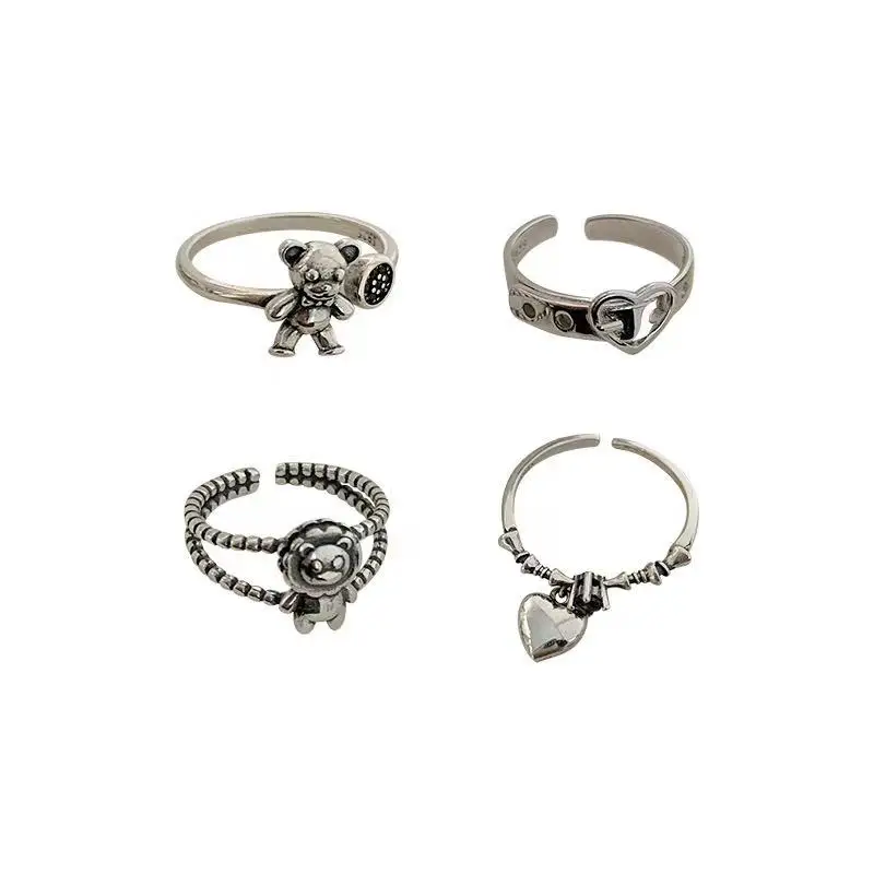 

925 Sterling Silver Old Bear Ring Female Tide Net Red Retro Ins Niche Design Wild Index Finger Ring Personalized Ring