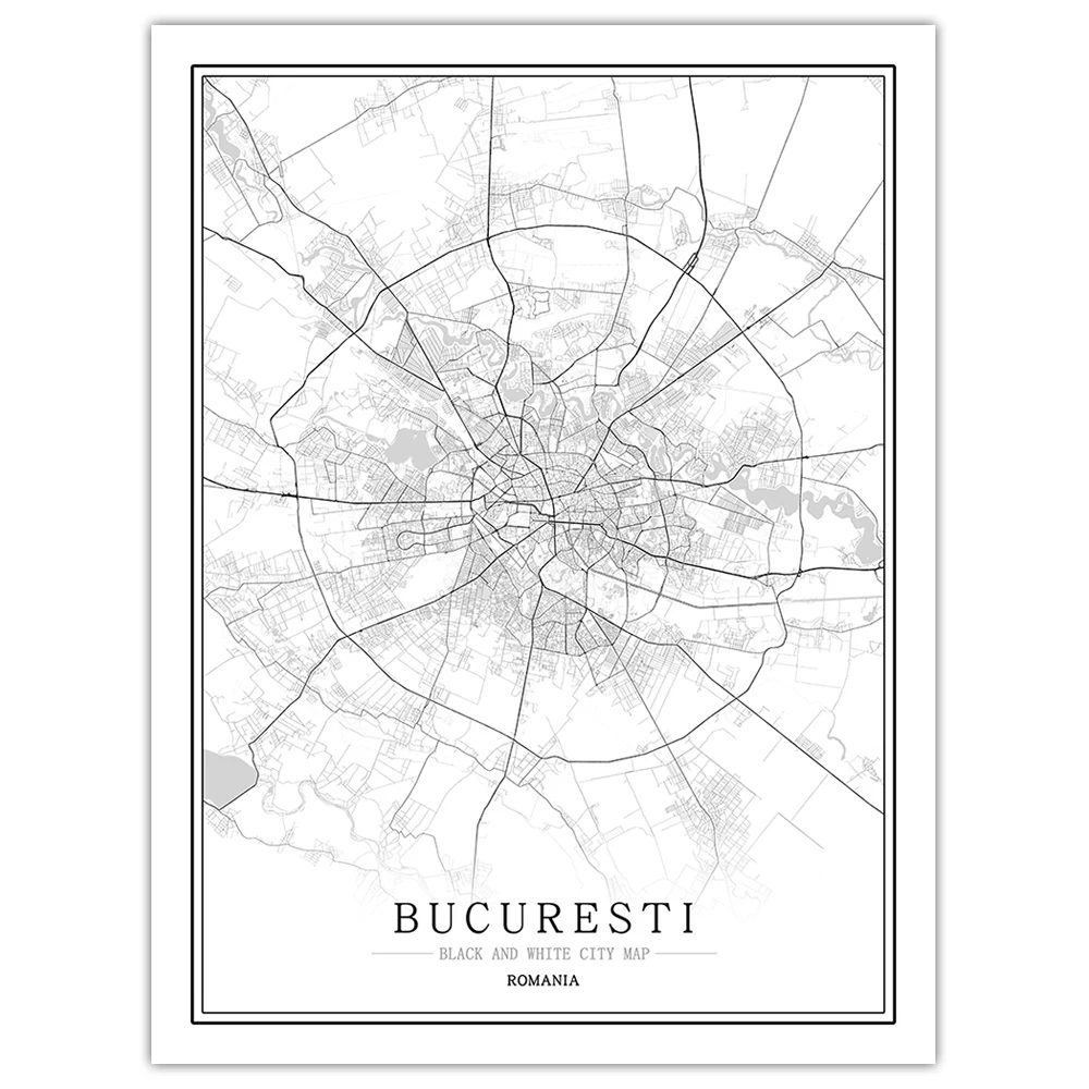 Европа черный белый мир Карта города плакат Скандинавская гостиная Bucuresti constantia настенные художественные картины Домашний декор холст живопись - Цвет: Bucuresti