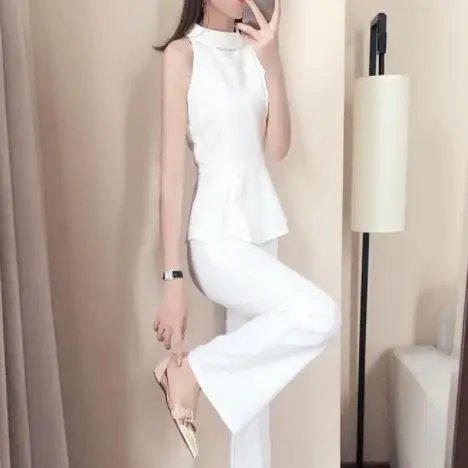 Женский комплект 2 шт. блузка без рукавов и широкие брюки костюм 2020 новые летние