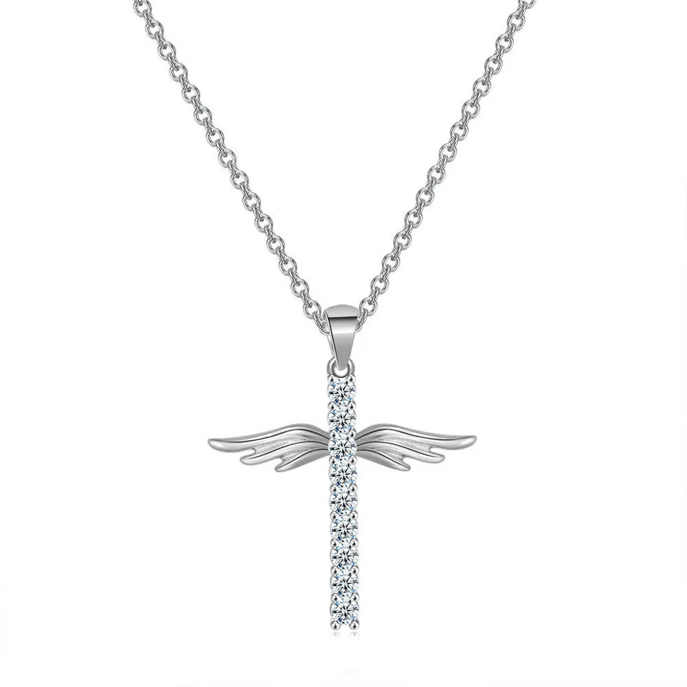 

MOFLO 2021 Christian Prayer Angle Wing Cross Necklace 18K Gold Plated Zircon Cross Necklace For Girls
