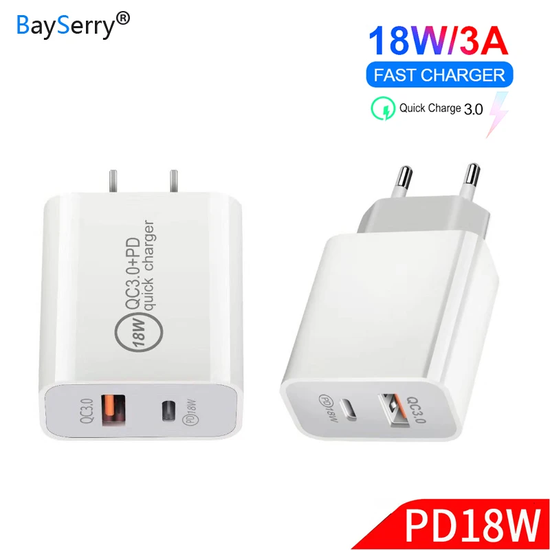 BaySerry 18 Вт type-C зарядное устройство для мобильного телефона PD/QC3.0 + 3A Dual USB быстрое EU