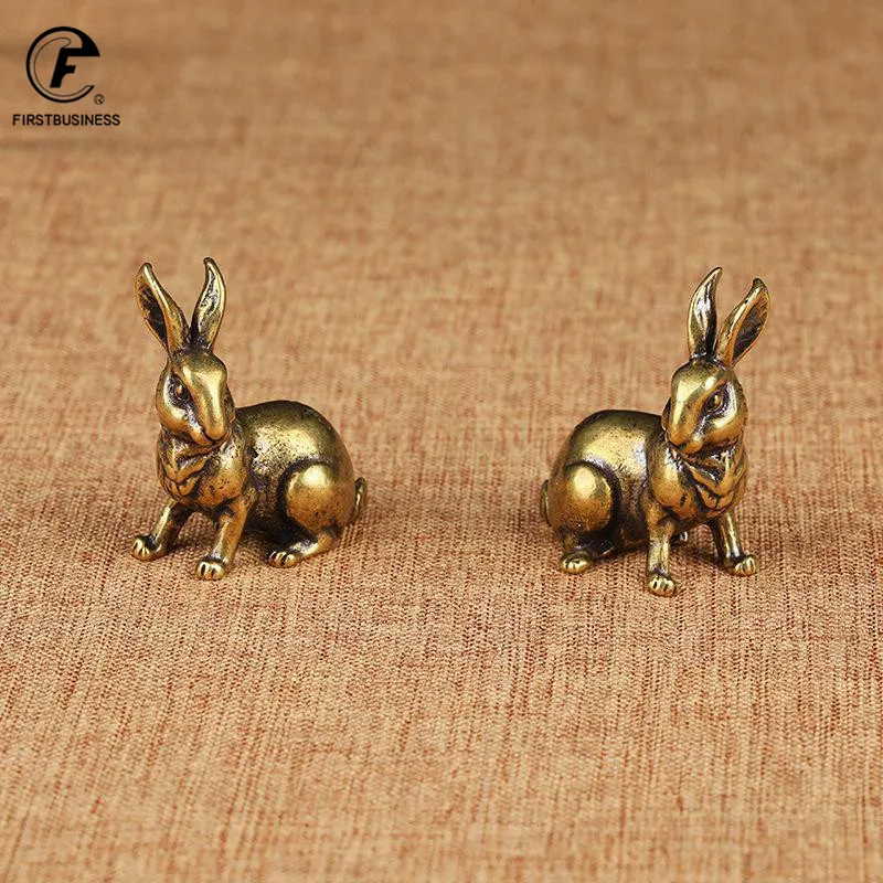 Античная медь Зодиак милый кролик статуя украшения 1 пара Винтаж твердая латунь