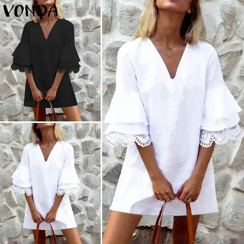VONDA летнее платье для женщин полые Половина рукава расклешенные мини с оборками