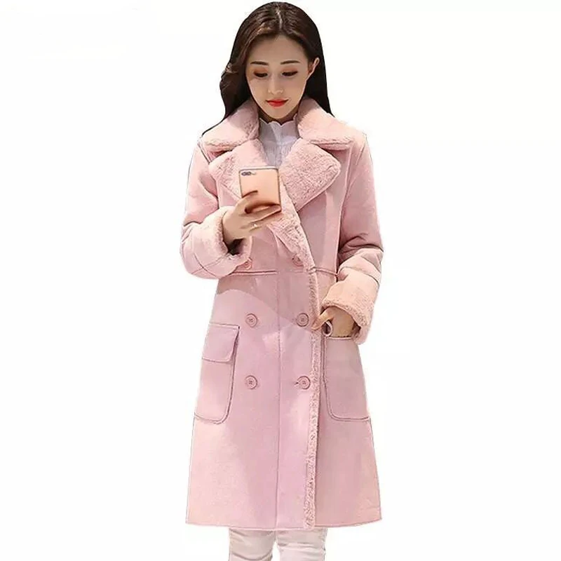 

Savabien New Women Winter Suede Fur Coat Warm Faux Fur Inside Jackets Office Lady Furry Faux Sheepskin Long Jacket Pink Fur Coat