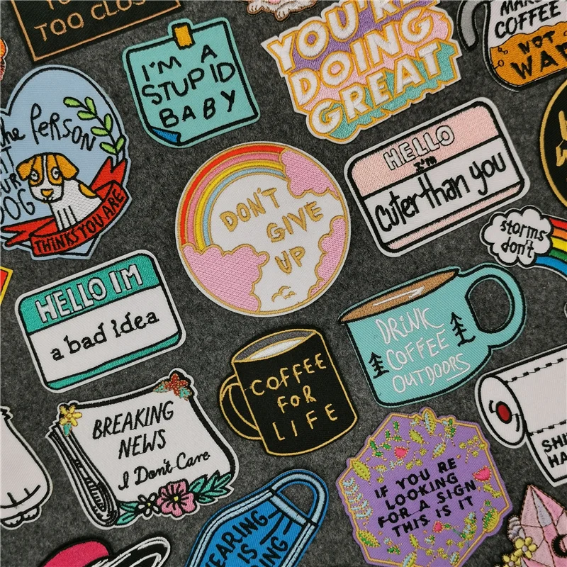

Letters Patches on Clothes DIY Embroidered Iron on Patches Rainbow Cup Patch for T-shirt Hat Clothing Badges Stickers Appliques