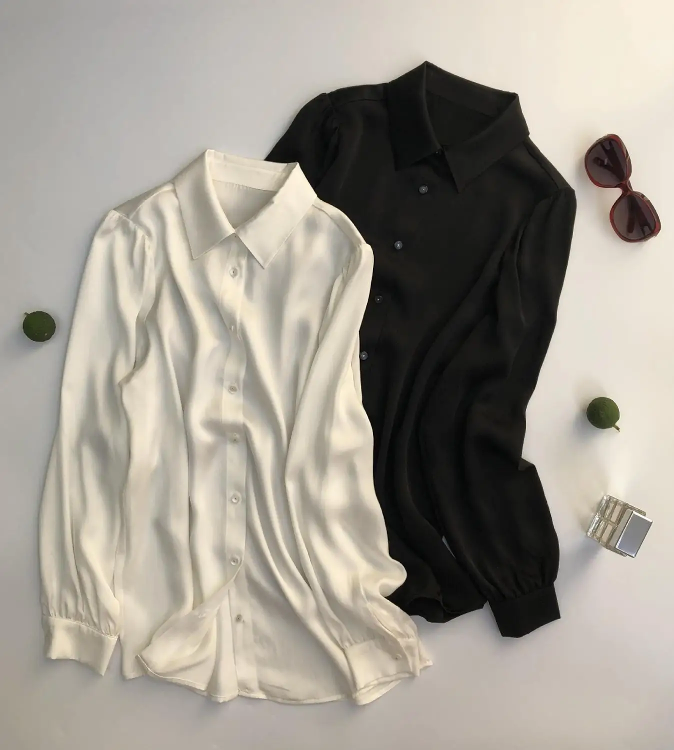 Женская рубашка из 100% сатина черная/белая свободная офисная блузка с длинными