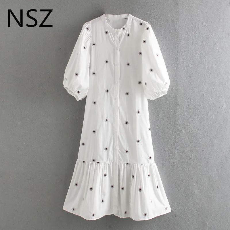 Женское длинное платье рубашка NSZ белое хлопковое офисное с вышивкой на