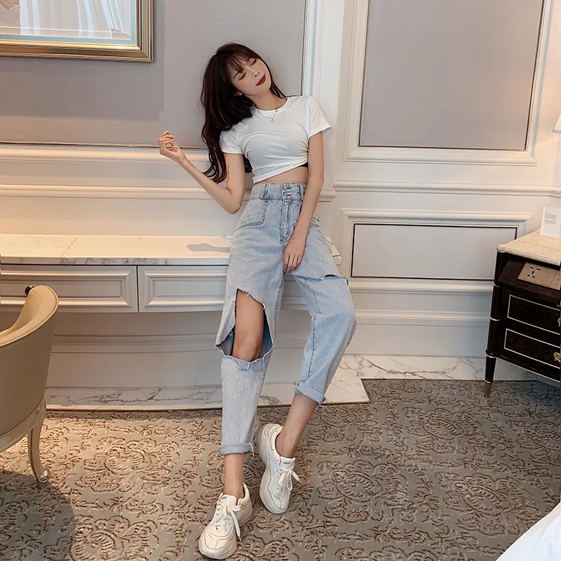 

Весна-лето 2020 Новинка универсальные Простые повседневные штаны с высокой талией и тонкими дырками свободные Универсальные женские джинсы ...