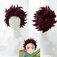 japanese anime wigs demon slayer kimetsu no yaiba kamado tanjirou cosplay wigs wig curl short wine mix party hair cosplay prop