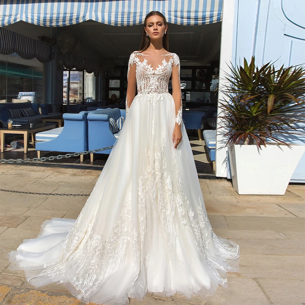 Элегантное Тюлевое ТРАПЕЦИЕВИДНОЕ свадебное платье с круглым вырезом и длинным