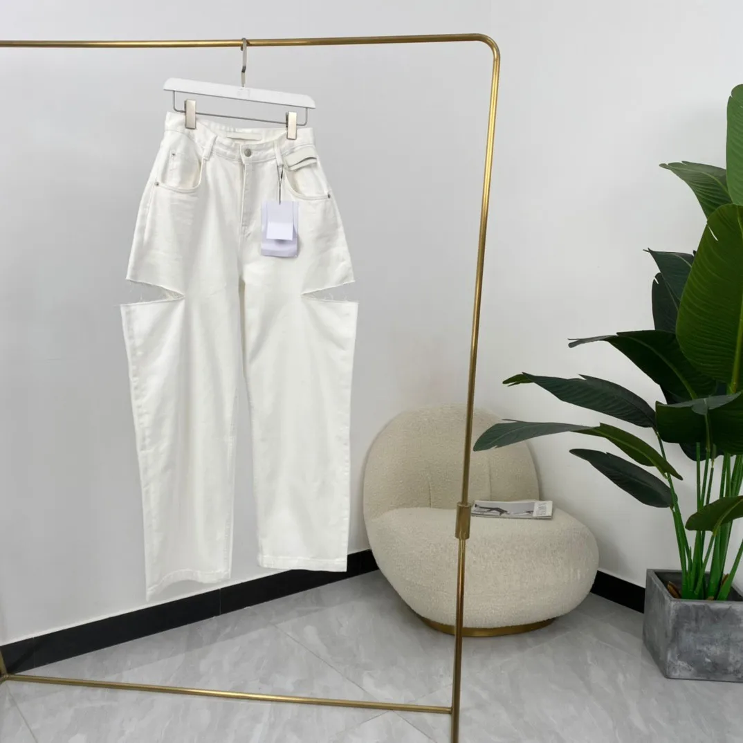 

2021 New Autumn Women Fashion White Long Jeans Pants Black Peach Heart Print Pocket High Quality Cotton