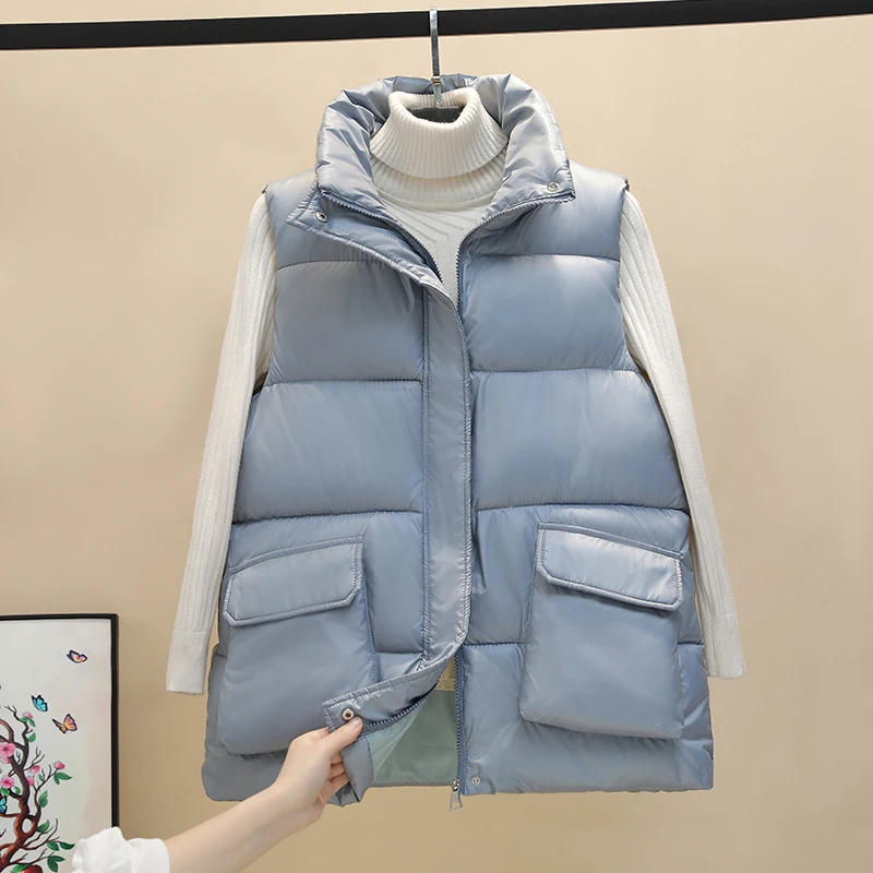 

FTLZZ New Autumn Winter Women Vest Stand Collar Zipper Pockets Sleeveless Cotton Coat Thick Warm Solid Color Fashion Outwear
