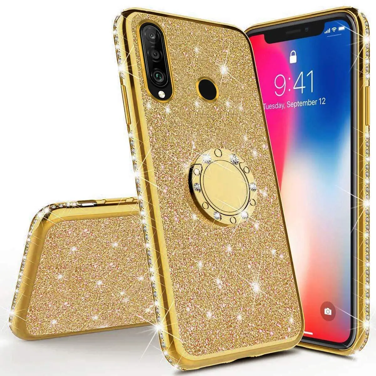Палец кольцо Алмазный Мягкий чехол для HUAWEI P20 P30 Lite Pro P Smart Z P10 Nova 3 3i HONOR 7X 8X mate 20 10 блестящий чехол - Цвет: ZGold