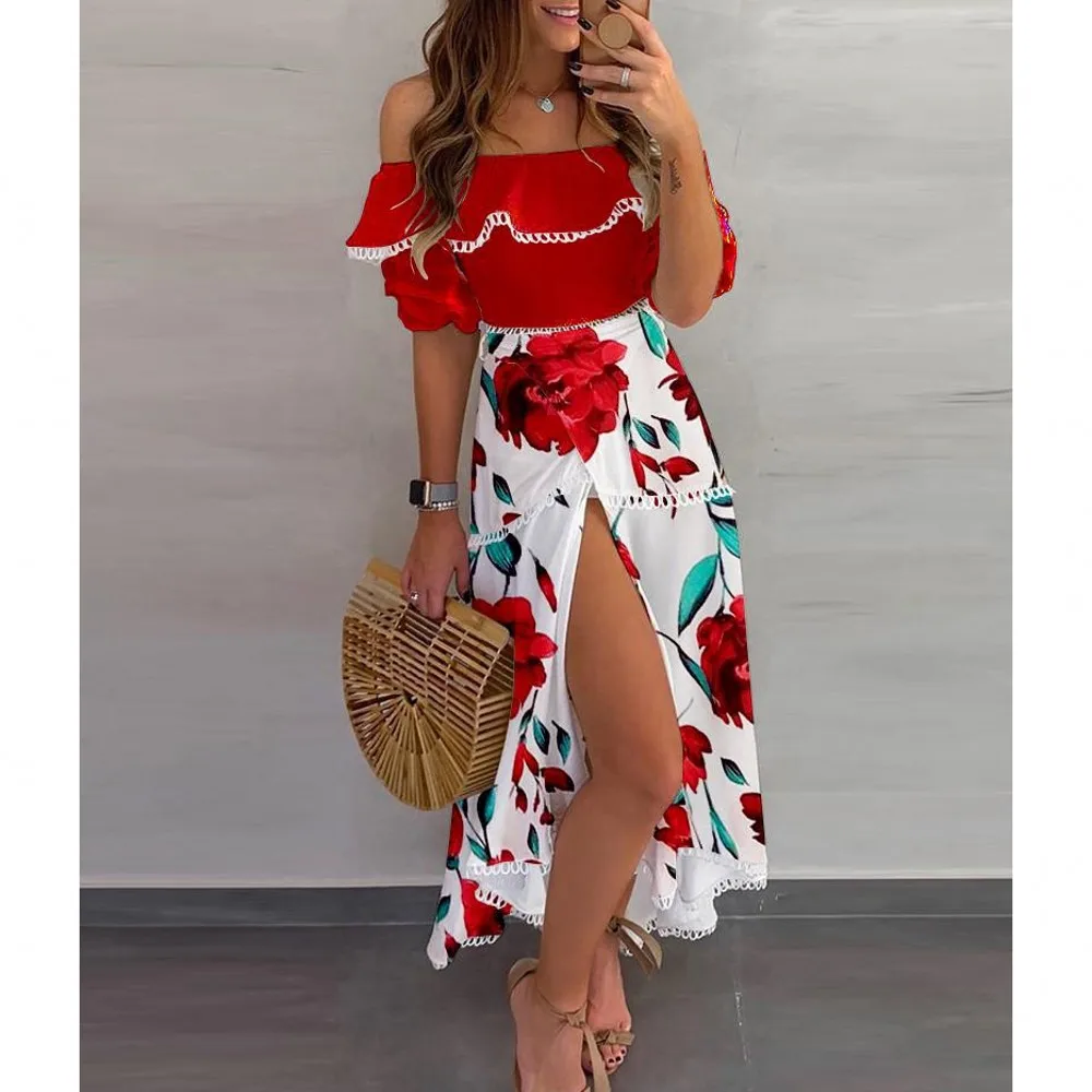 

Новинка лета 2021, модное платье с принтом на одно плечо, с высоким разрезом и коротким рукавом