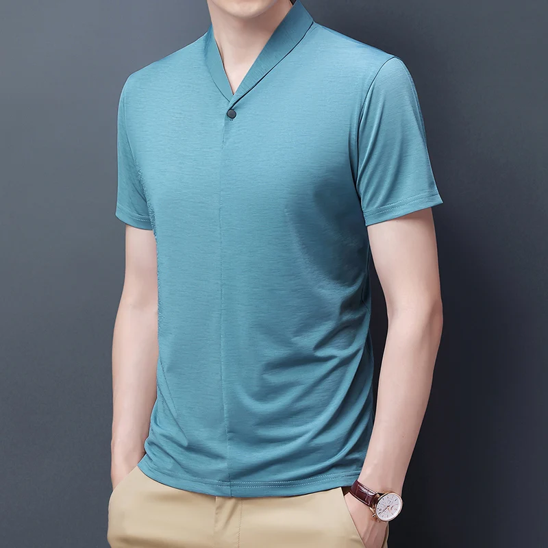 

Футболка-поло мужская с отложным воротником, шелковая Повседневная Однотонная рубашка-поло для отдыха, с короткими рукавами, на пуговицах, ...