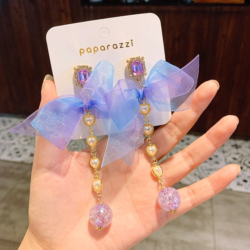 Корейские милые длинные висячие серьги фиолетового цвета из пряжи с бантом в