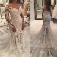 2021 on sale delicate lace mermaid long sleeve bridal wedding gowns illusion neckline see through skirt wedding dress for bride