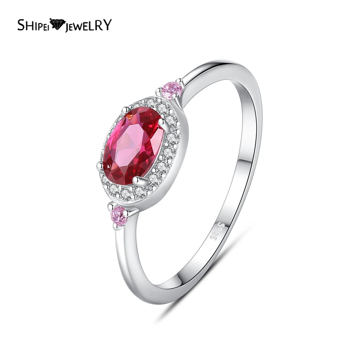 

Shipei 100% 925 Sterling Silver Oval Cut Ruby Created Moissanite Gemstone Wedding Fine Jewelry Luxury Vintage Ring For Women