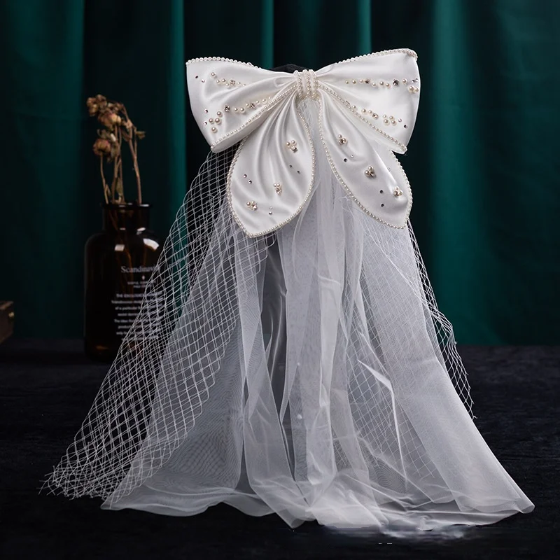 

Super fairy veil bride white satin bow Pearl hair accessories mesh soft short yarn wedding Hair accessories