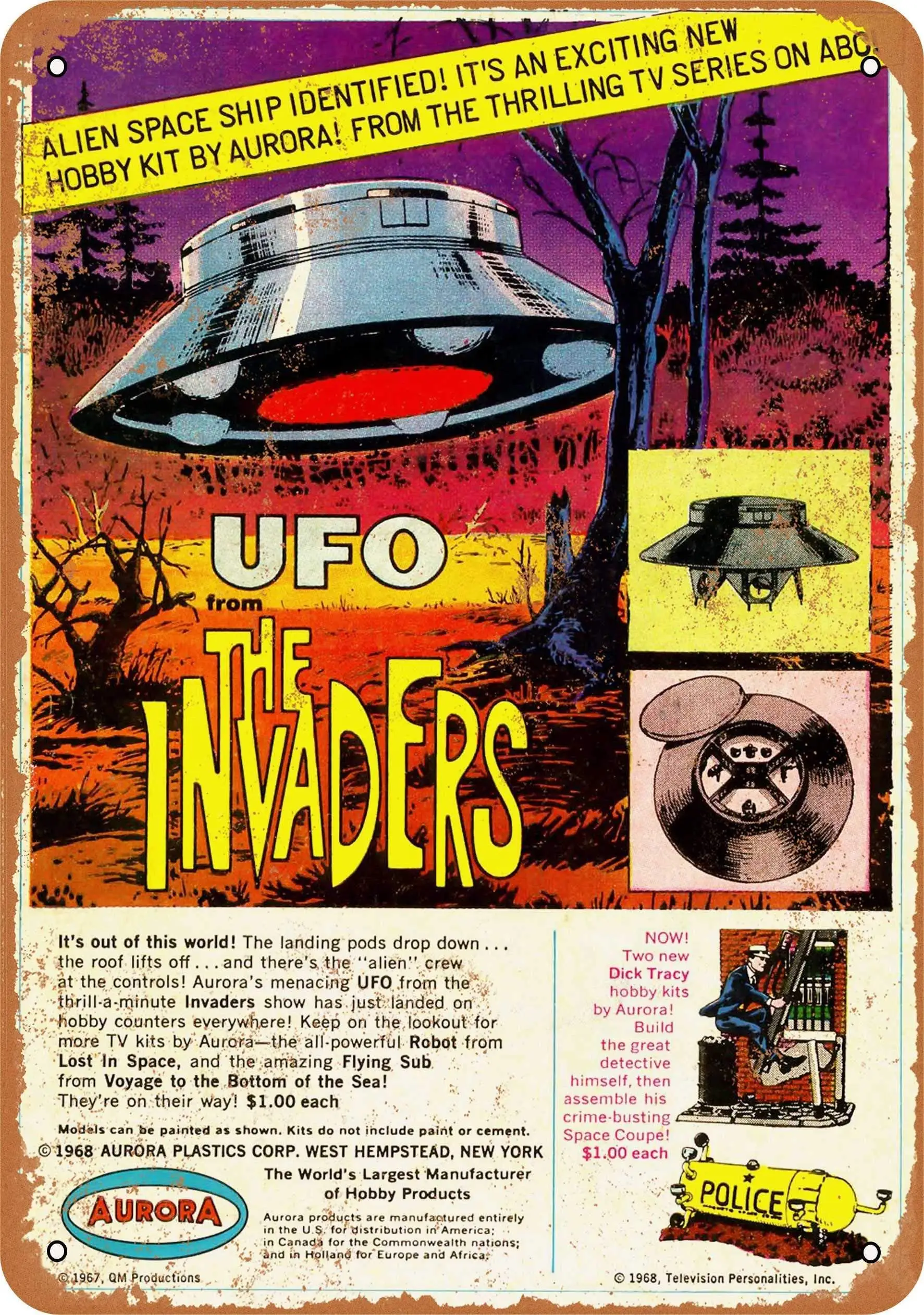 

SLALL 1968 The Invaders UFO Model Kit Retro Street Sign Household Metal Tin Sign Bar Cafe Car Motorcycle Garage Decoration