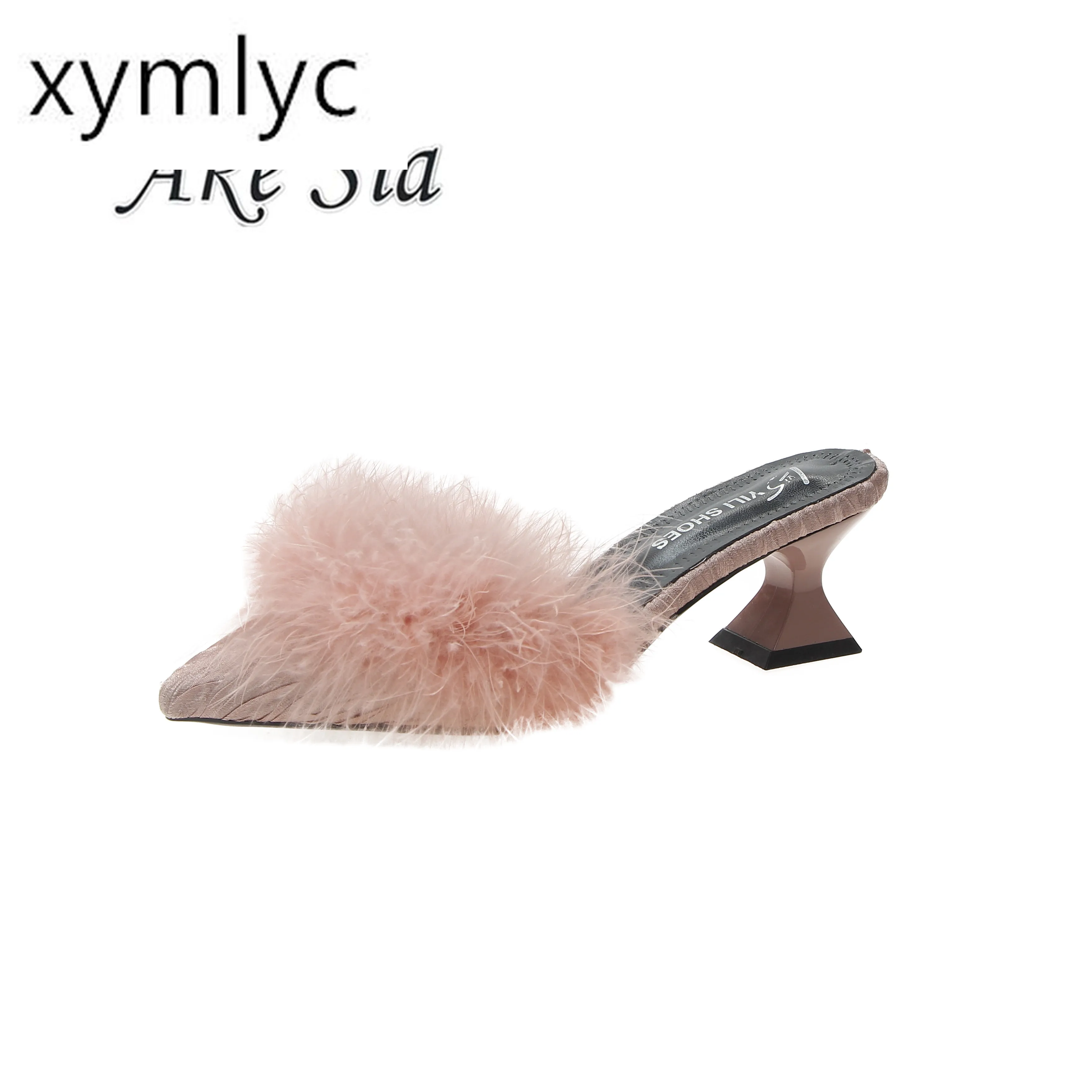 

2020 new women's set toe-shaped non-slip high heels fashion rubber bottom elastic cloth summer shallow fur shoes