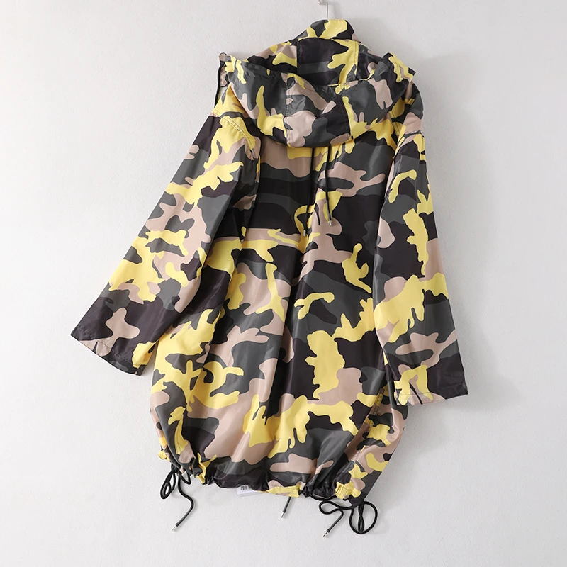 

Trench Coat Women Fashion Casual Camouflage Zipper Stand Collar Detachable Hooded Medium Length Cardigan Drawstring At Hem