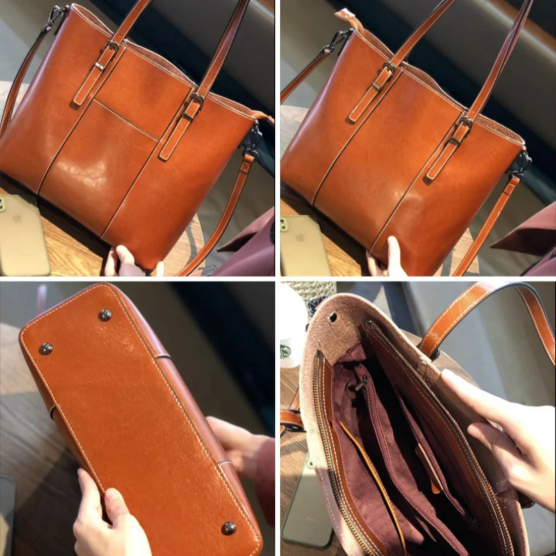

Volasss Bags For Women Cowhide Leather Tote Handbag Ladies Simple Casual Crossbody Bag Female Large Capacity Solid Shoulder Bags