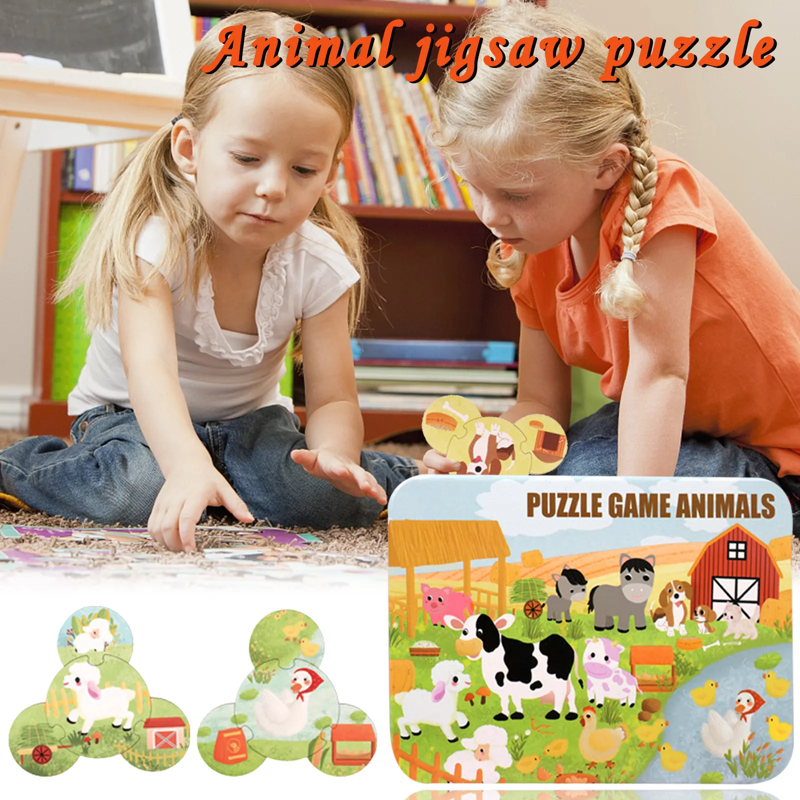

Children's baby wooden tin box round matching animal puzzle (prairie lion type/farm animal type) wooden animal cognition F4*