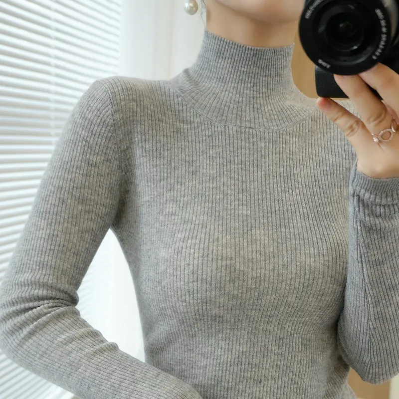 

100% Merino Wool Cashmere Sweater Women Jumper 2021 Autumn Winter Slim Warm Soft Long Sleeve Knitted Pullover Femme Sweater Grey