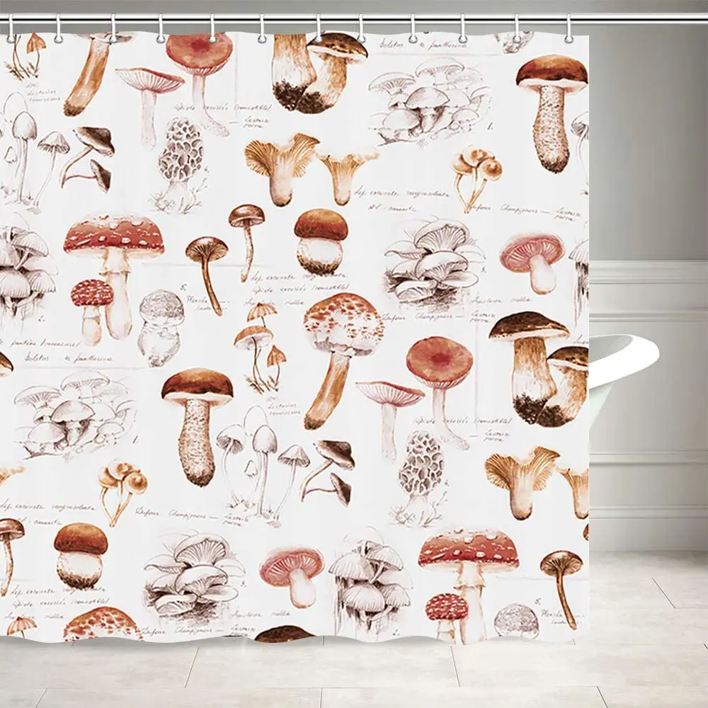 

Mushroom Shower Curtain Watercolor Natural Plant Wild Species Washable Durable Polyester Fabric Vintage Bathroom Curtain