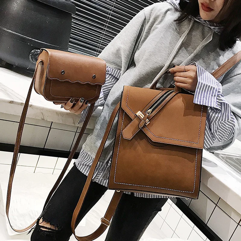 

2022 New Scru Pu Leather Backpack Women Fashion School Bags Backpacks For Teenage Girls Brown Vintage 2pcs Backpack Sac A Dos