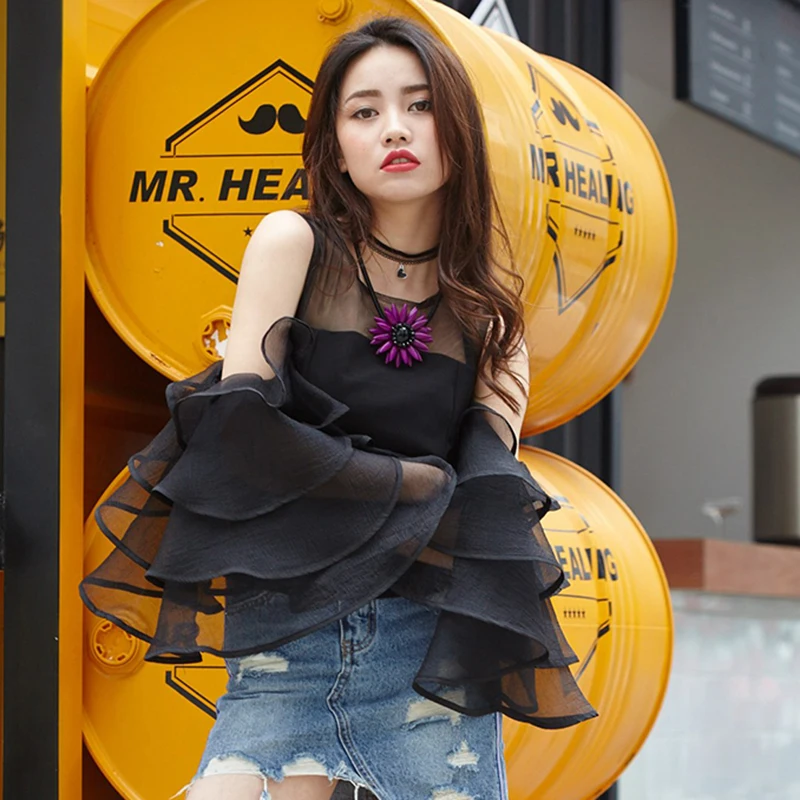 

Hollow Out Blouses For Women Off Shoulder Flare Sleeves Female Summer New Patchwork Ruffle Perspective Blouse
