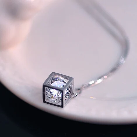 ModaOne 925 Sterling Silver Cube Zircon Pendant Neckace For Women Gift 45cm Box Chain choker collares kolye | Украшения и