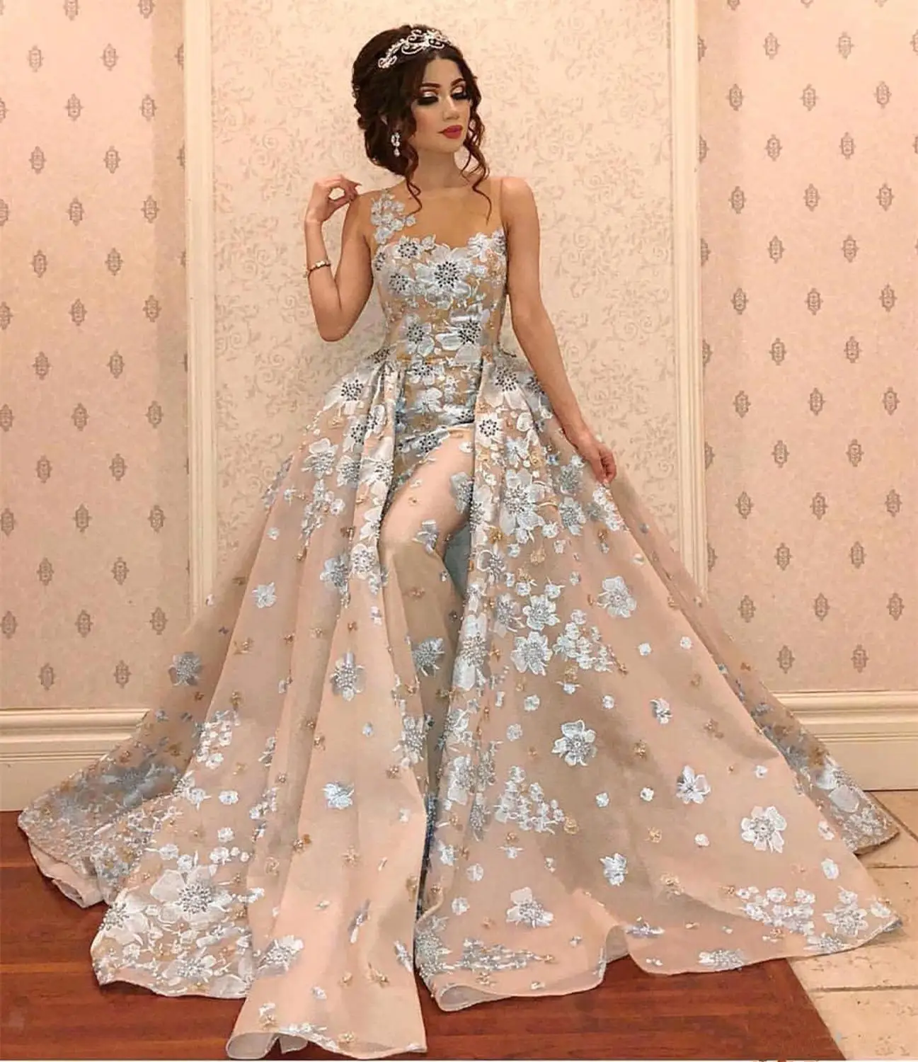 

Arabic Luxury Mermaid Evening Dresses With Detachable Train Beads Lace Appliqued Prom Gowns Elegant Formal Party Pageant Dress