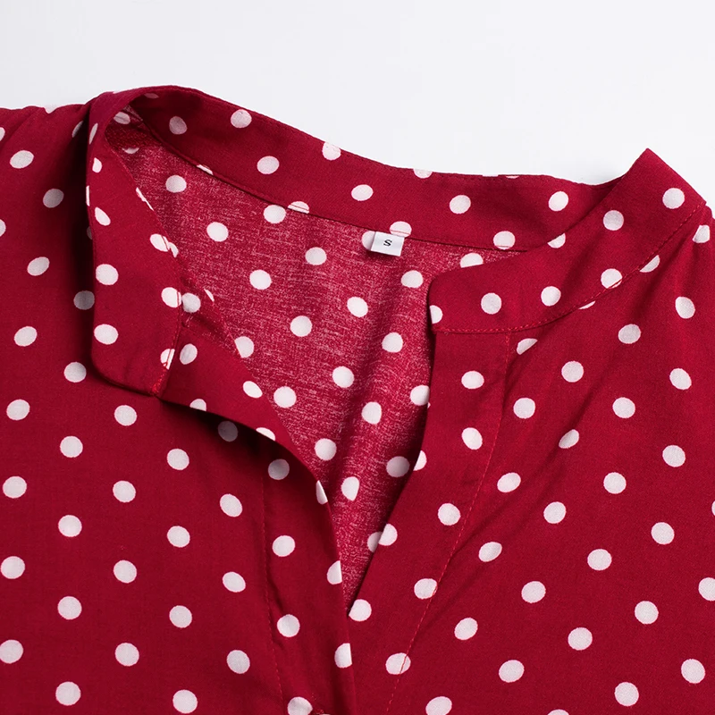 

EVERAFTER Elegant dot print dress women stand long sleeve ruffles button drawstring casual spring dresses holiday mini dress