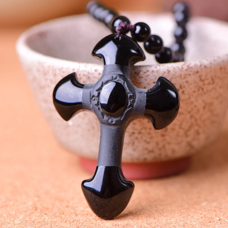 Натуральный черный обсидиан крест кулон бусы ожерелье модное очарование