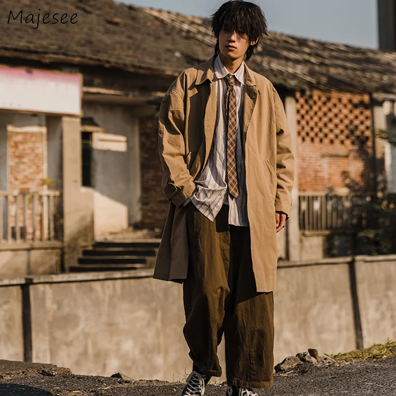 

Trench Men Solid Japanese Style Teenagers Loose Comfort Autumn Daily All-match Trendy Long High Quality Males Outwear Casual New