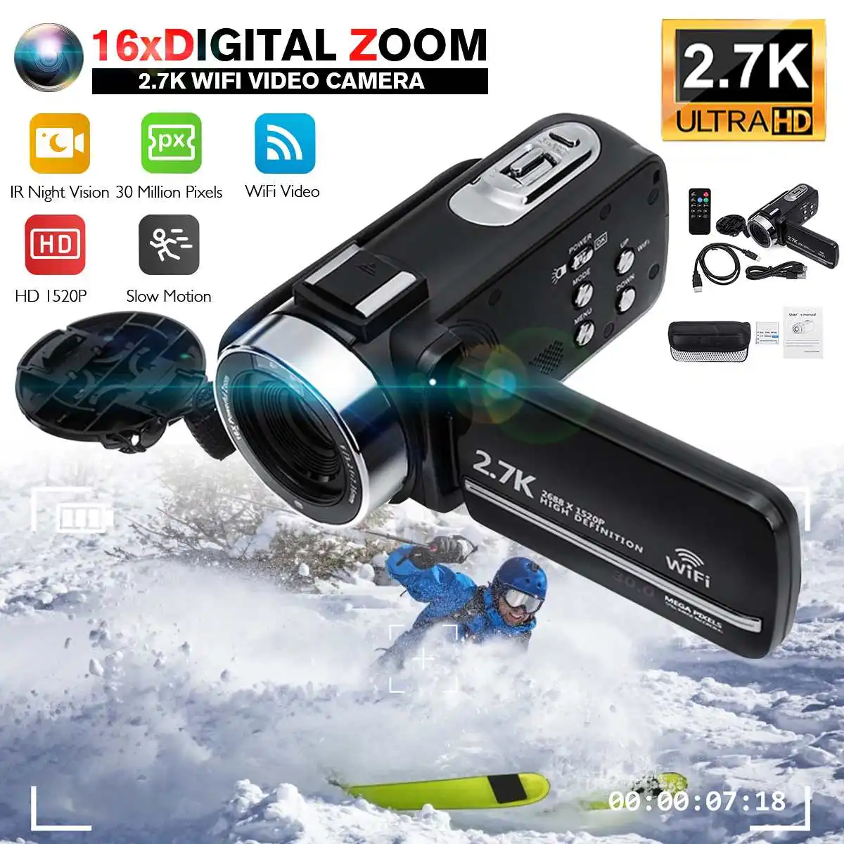 

2.7K WiFi HD Video Camcorder 30MP WIFI Live Streaming Vlogging 16x Digital Zoom Touch Screen Night Vision Digital Zoom Camera