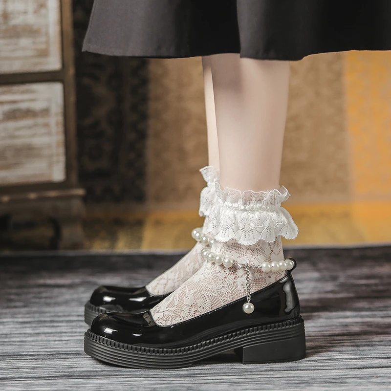 

Black White Pu Leather Loli Shoes Women Summer Thin Lolita Round Head Japanese Pearl Jk Retro Mid Heel Mary Jane Anime Shoes