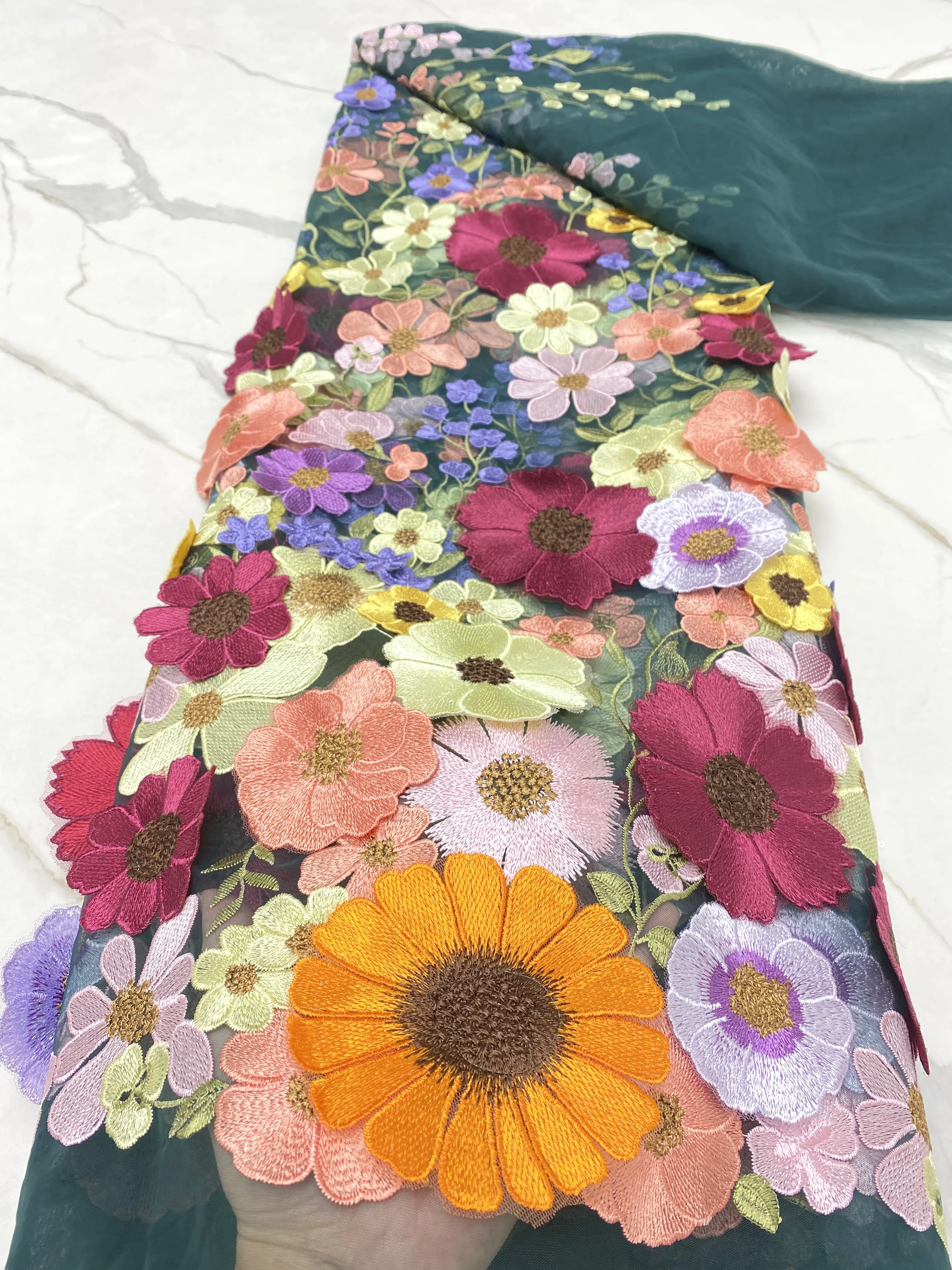 Tela de encaje de tul africano de alta calidad, tela de encaje bordado de flores 3D, blanco para fiesta, boda, 5 yardas, NI5726-4